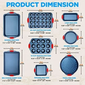 NutriChef 10-Piece Nonstick Bakeware Set – PFOA, PFOS, PTFE-Free Carbon Steel Baking Trays w/Heatsafe Silicone Handles, Oven Safe Up to 450°F, Pizza Loaf Muffin Round/Square Pans, Cookie Sheet
