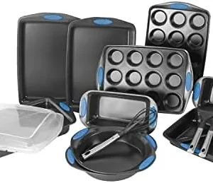 NutriChef 15-Piece Baking Pan Set – PFOA, PFOS, PTFE Free Flexible Nonstick Gray Coating Carbon Steel Bakeware – Professional Home Kitchen Bake Cookie Sheet Stackable Tray w/Blue Silicone Handles