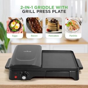 Nutrichef 3-in-1 Grill, Griddle, & Panini Press – Nonstick Coating, Temperature Control – Multiuse Countertop Sandwich Maker – Removable Drip Tray – 1500W – Compact Griddle – 20.3 x 12.5 x 5.3, Black