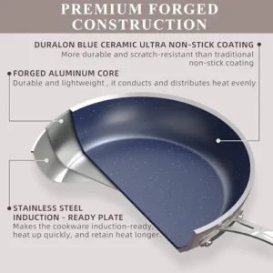 Nuwave Healthy Duralon Blue Ceramic Nonstick Coated Cookware Set, Diamond Infused Scratch-Resistant, PTFE & PFOA Free, Oven Safe, Induction Ready & Evenly Heats, Tempered Glass Lids & Stay-Cool Handle