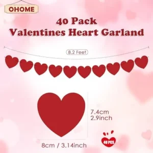 OHOME Galentines Day Decorations-Valentine’s Day Decor Red Heart Garland 40 Pack Valentines Day Backdrop Banner Galentines Day Decorations Party Favors for Door Wall Classroom School Home