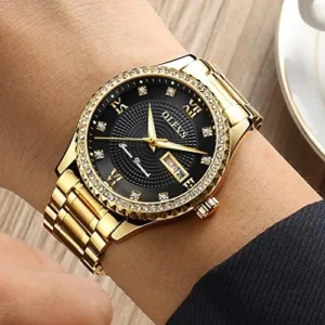 OLEVS Diamond Watches for Men,Business Dress Watch Waterproof Luminous,Male Golden Big Dial Luxury Casual Quartz Analog Watches with Day Date Calendar and Stainless Steel Band