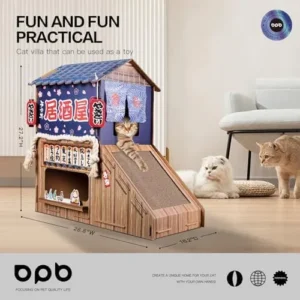 opbodqo Indoor Cardboard Cat House（Heavy Duty Cardboard） Double Decker Cat Villa,Cat Bed with Cat Scratching Board, Cat Tree Tower with Toys and Furniture, Stylish cat Castle，Unique Iarge Cat House。