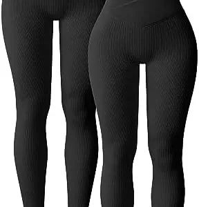 OQQ Women’s 2 Piece Yoga Leggings Ribbed Seamless Workout High Waist Cross Over Athletic Exercise Leggings