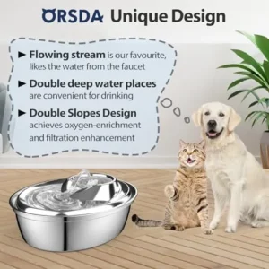 ORSDA Cat Water Fountain Stainless Steel, 2L/67oz Pet Fountain for Cats Inside, Automatic Dog Drinking Dispenser Cat Feeding & Watering Supplies with 1 Filter