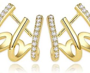 PANSHI Sterling Silver Post Cubic Zirconia Half Hoop Stud Earrings Looks Like 4 Gold Hoop Earrings for Women