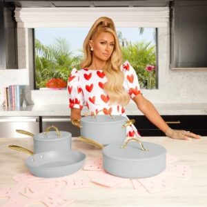 Paris Hilton Iconic Nonstick Pots and Pans Set, Multi-layer Nonstick Coating, Matching Lids With Gold Handles, Made without PFOA, Dishwasher Safe Cookware Set, 10-Piece, Light Gray