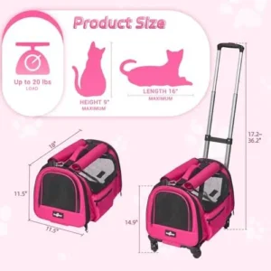 Paw Ballet Cat Carrier with Wheels, Foldable Airline Approved Dog Cat Carrier with Wheels for Cat Dog Under 20 lbs, Rolling Cat Carrier Travel Bag with Telescopic Handle for Walking Travel Vet Visits