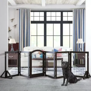 PAWLAND 144-inch Extra Wide 30-inches Tall Dog gate with Door Walk Through, Freestanding Wire Pet Gate for The House, Doorway, Stairs, Pet Puppy Safety Fence, Support Feet Included, Espresso,6 Panels