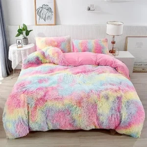 PERFEMET Pink Faux Fur Fluffy Comforter Twin 3-Piece Colorful Rainbow Plush Shaggy Bedding Sets for Girls Tie Dye Fuzzy Furry Comforter Set(Pink, Twin)