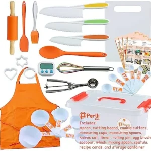 PERLLI Kids Cooking and Baking Supplies Gift Set with Storage Container – Complete Junior Chef Cooking Set, Girls & Boys Childrens Real Bakeware Equipment, Utensils & Accessories for Kids – Orange