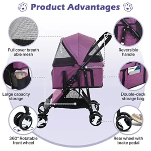 Pet Stroller 3-in-1 Folding Dog Cat Stroller for Medium Small Dogs Cats 4 Wheels Lightweight Travel Pet Stroller Dog Strollers Cat Stroller with Detachable Carrier, Purple