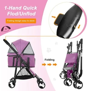 Pet Stroller Dog Strollers 3-in-1 Folding Cat Strollers for Small Dogs with Detachable Carrier, 4 Wheels Doggie Puppy Cart Lightweight for Travel, Purple