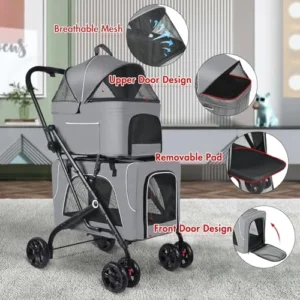 Pet Stroller with 2 Detachable Carrier Bags – Folding Pet Stroller for Small Dogs Waterproof Pet Bag for Traveling Camping Lightweight Cat Stroller(with Soft Pad)