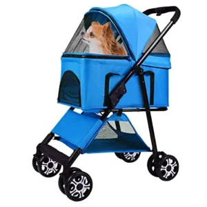 Pet Stroller with Pump-Free Rubber Tire/Reversible Aluminum Frame/Detachable Car Seat for Small & Medium Pet Blue