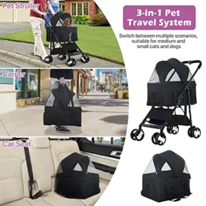 Pet Strollers, Dog Cat Stroller 3-in-1 Detachable Doggy Stroller for Small Medium Dogs 4 Wheel Pet Gear Carrier Cat Walker Wagons for Dogs Trolley for Doggie Rabbit Puppy Strollers, Black