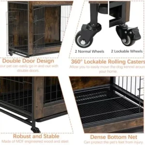 PEtbon Bog Crate Furniture with Cushion，Stylish Bog Crate with Four Rolling Casters, Bog Kennel for Home and Indoor Use，38 Inch Bog Crate, Three-Door Dog House for Medium Dog. (Rustic Brown, Meduim)