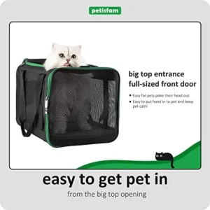 petisfam Soft Pet Carrier Bag for Easy Vet Visit with Medium or Large Cats, Easy to get Cat in. Easy Storage. Black w/Green Trim, L