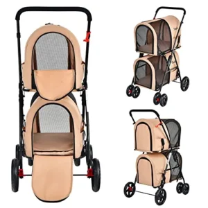 PETSITE Double Dog Stroller, Foldable Pet Stroller for 2 Dogs & Cats Small Medium Sized with Detachable Carrier on Wheels, Jogger Stroller Crate for Car Seat Walking Camping Travel Beige