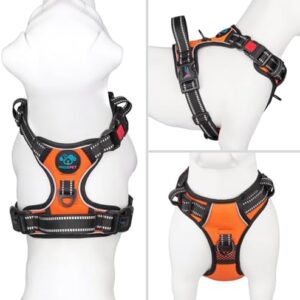 PHOEPET No Pull Dog Harness Medium Reflective Front Clip Vest with Handle,Adjustable 2 Metal Rings 3 Buckles,[Easy to Put on & Take Off](M, Orange)