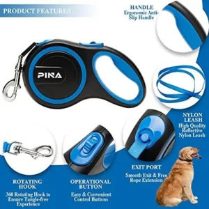 PINA Retractable 26ft Dog Leash for Small Medium Large Dogs Up to 110lbs, 360° Tangle-Free Strong Reflective Nylon Tape, with Anti-Slip Handle, One-Handed Brake, Pause, Lock – Black Blue