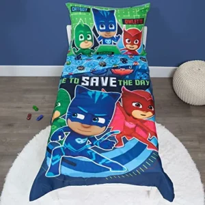 PJ Masks Time to Save The Day 4 Piece Toddler Bedding Set – Includes Comforter, Sheet Set – Fitted and Top + Reversible Pillow for Boys Bed, Blue