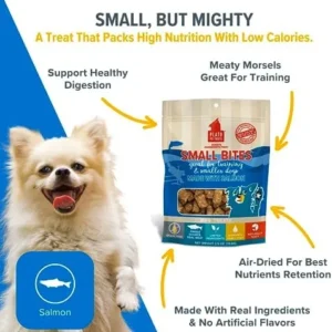 PLATO Small Bites Dog Treats, Natural Bite Sized Real Meat & Salmon Flavor, Grain Free & High in Protein, Air Dried Authentic Ingredients, 2 Calories Per Treat, Made in the USA, 6 Ounces