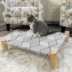 Pozico Cat/Dog Bed Hammock Cat Bed, Wooden Dog Elevated Indoor Outdoor Beds, Raised Cat Cots Furniture Pet Bed Puppy Bed Portable Breathable Mesh Cat Beds for Small Animals-White Diamond