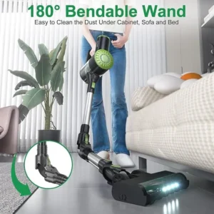 PRETTYCARE Cordless Vacuum Cleaner, 6 in 1 Lightweight Stick Vacuum Self-Standing with Powerful Suction, 180° Bendable Wand Rechargeable Cordless Vacuum for Hardwood Floor Pet Hair (Green)