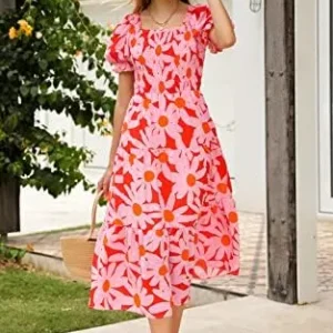 PRETTYGARDEN Women’s Boho Floral Print Summer Dresses Square Neck Puff Sleeve A Line Long Dress Smocked Casual Maxi Dress