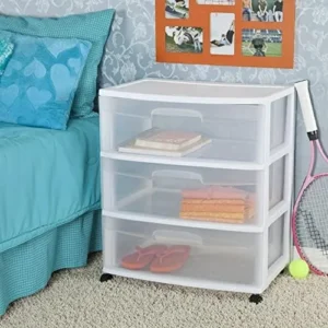 PuPLUM Plastic Storage Drawer Cart, Medium Home Rolling Storage Cart and Organizer with 3 Large Clear Drawers and Wheels for Home Office, White