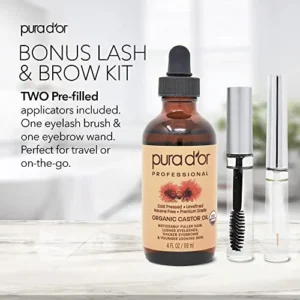 PURA D’OR Organic Castor Oil with 2 Bonus Brushes – 100% Pure Cold Pressed Hexane Free Serum for Lashes, Brows & Skin