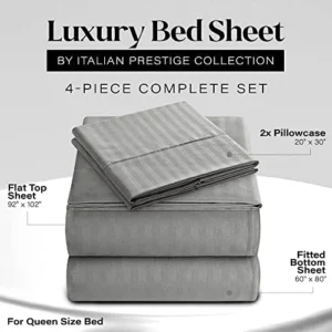 Queen Italian Prestige Collection Striped Bed Sheet Set – 1800 Luxury Soft Microfiber Hypoallergenic Deep Pocket 4-Piece Bedding Set – Wrinkle, Stain, Fade Resistant – Grey