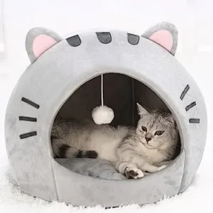 QWINEE Indoor Cat Bed Cave with Removable Cushion – Pet Plush Tent House Cartoon Ear Design Pet Bed with Pompom for Cats Kitten Dogs Puppy and Rabbit Multicolor S