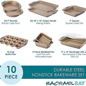 Rachael Ray 47578 Cucina Nonstick Bakeware Set with Grips Includes Nonstick Bread Pan, Baking Sheet, Cookie Sheet, Baking Pans, Cake Pan and Muffin Pan – 10 Piece, Latte Brown with Agave Blue Grips