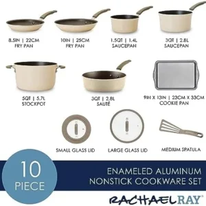 Rachael Ray Cook + Create Nonstick Cookware Pots and Pans Set, Includes Baking Sheet Pan and Cooking Utensil, 10 Piece – Almond