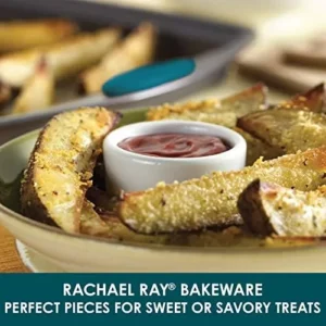 Rachael Ray Nonstick Bakeware Set with Grips includes Nonstick Bread / Baking Pans, Cookie / Baking Sheet and Cake Pans – 10 Piece, Gray with marine blue grips