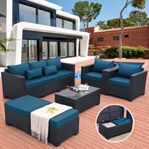 Rattaner Patio Furniture Set 6 Pieces Couch Outdoor Chairs Coffee Table Peacock Blue Anti-Slip Cushions and Waterproof Covers