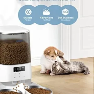 Rellorus Automatic Cat Feeders, 5L/21Cups Cat Food Dispenser for Two Cats, Timed Cat Feeder with Double Bowls, 48 Portions 6 Meals Per Day for Cat and Small Dog, Memory Function, 10s Meal Call