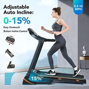 RENESTAR Treadmills for Home, Treadmill with 0-15% Auto Incline, 3HP Folding Treadmill for Running Walking with 280LBS Weight Capacity, Incline Treadmill Equipped with Bluetooth & Pulse Monitor