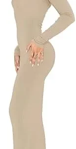 REORIA Women’s Sexy Crew Neck Lounge Long Dress Elegant Long Sleeve Ribbed Bodycon Maxi Dresses