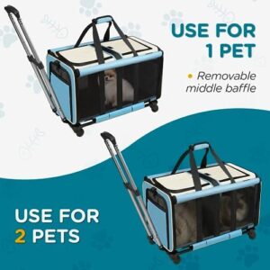 Rolling Cat Carrier with Wheels for 2 Cats, Double-Compartment Foldable Pet Carrier with Wheels for 2 Small Cats and Dogs, Pet Cat Travel Carrier for Hiking/Camping/Veterinary Visits, Blue