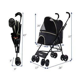 ROODO Dog Stroller Cat Stroller Collapsible Portable Lightweight Compact Jogger Travel Pet Stroller Suitable for Small Dogs and Cats Under 16 LB(Black)