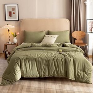 ROSGONIA Queen Comforter Set Olive Green, 3pcs Bedding Sets Queen (1 Boho Olive Comforter & 2 Pillowcases), All Season Lightweight Blanket Quilt Gifts