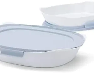 Rubbermaid Glass Baking Dishes for Oven, Casserole Dish Bakeware, DuraLite 4-Piece Set, Rectangular Dishes, White (with Lids)