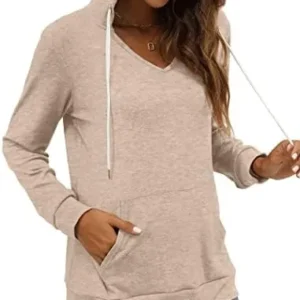 Saloogoe Kangaroo Pocket Hoodies for Womens V Neck Lightweight Sweatshirts Long Sleeve Tops