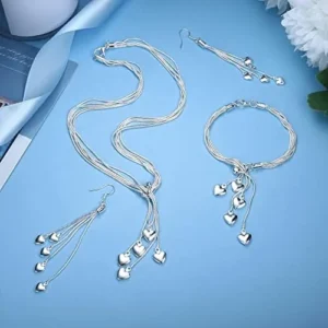 Sanfenly 4 Pieces Heart Necklace Bracelet Earrings for Women Silver Five-line Chain with Five-Heart Charm Heart Jewelry Set for Valentine’s Day Mother’s Day Gift