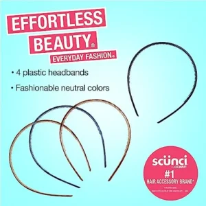 Scunci by Conair Effortless Beauty Skinny Plastic Headbands for Women and Men, Headbands in Durable Plastic, 4 Pack, Neutral Colors