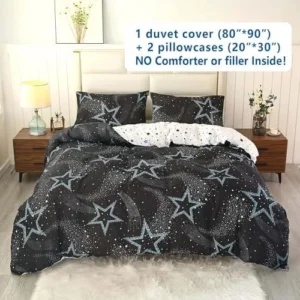 SDY 3PCS Star Duvet Cover Set, Full Size Star Black Bedding Sets, Reversible Zipper Stitch Bedding Full Set, Cute Space Galaxy Star Pattern Bedding for Girls, Boys, Kids, Teen, Teenage, Baby