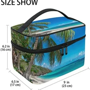 senya Makeup Bag Square Cosmetic Palm Tree On Tropical Beach Train Case Portable Travel Toiletry Bag Organizer Accessories Case Tools Case for Beauty Women